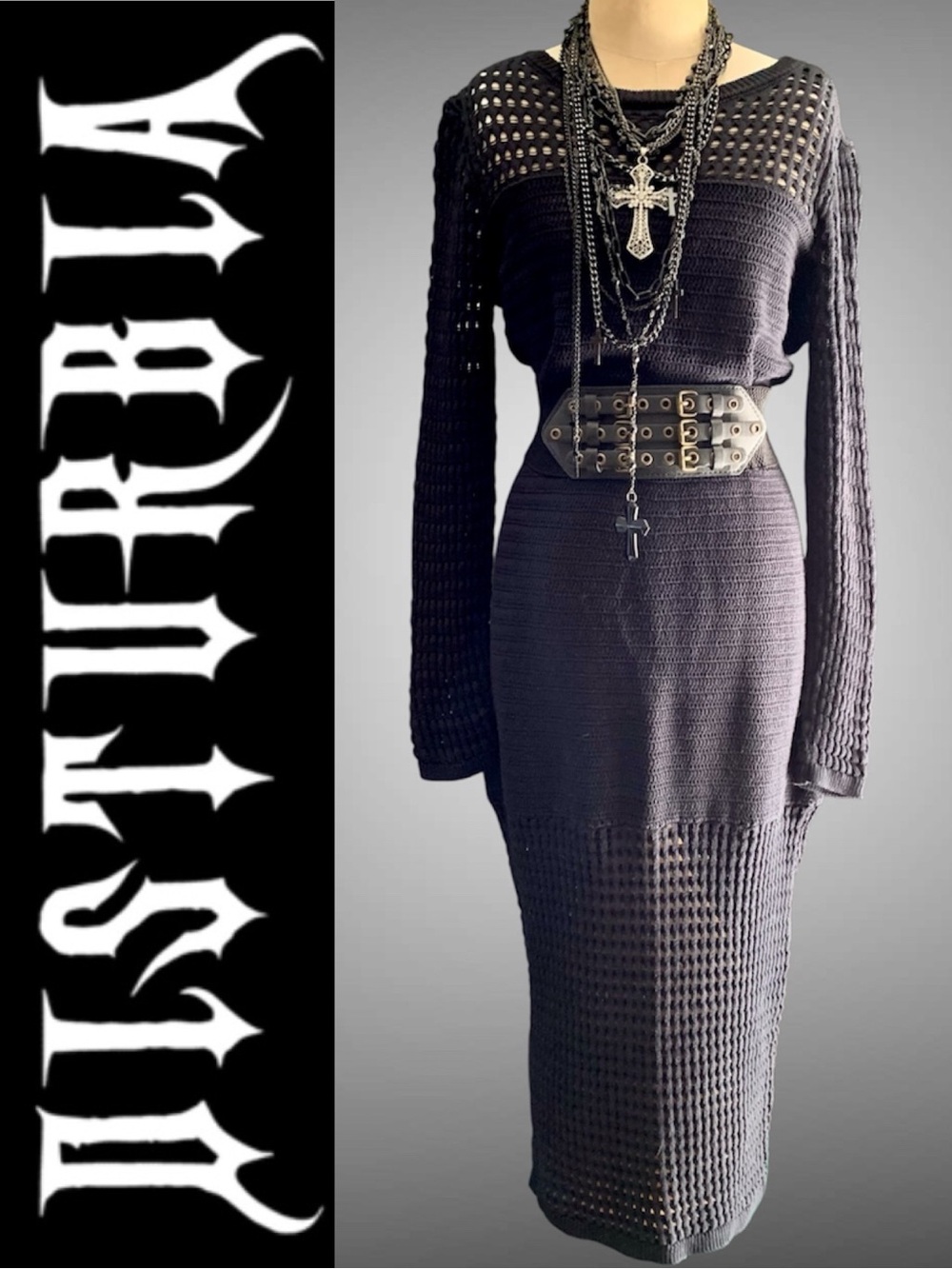 Disturbia black long-sleeve pullover midi dress multi-textured knit fabric- M/L